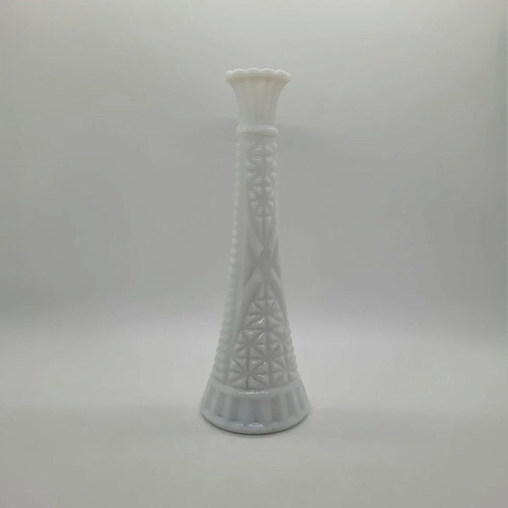 Vintage Milk Glass Bud Vase Scalloped Rim Geometric Starburst Pattern 9 Inch